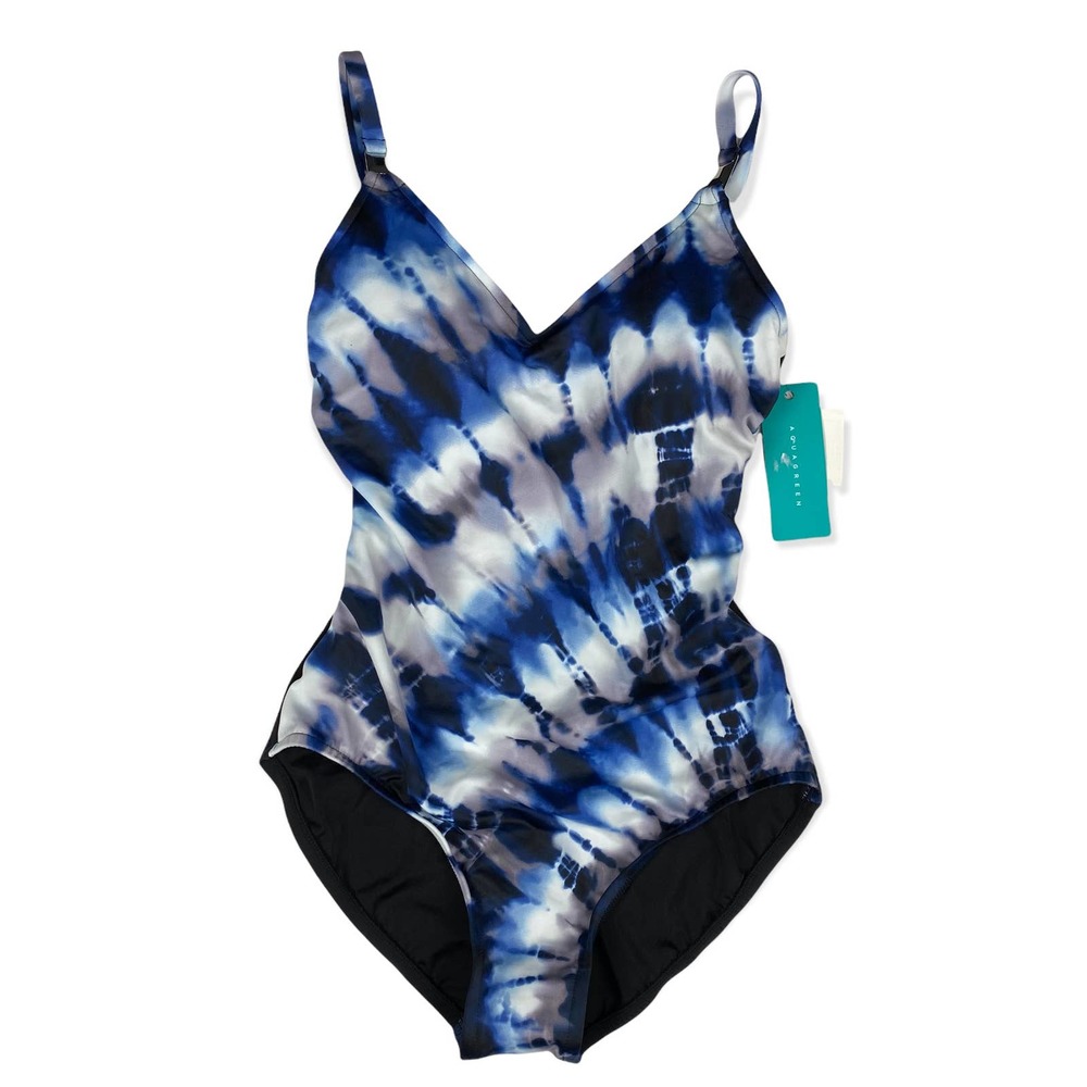 Extra Large Aqua Green Strap Tail Blue White V-Back One Piece Swimsuit Swimwear